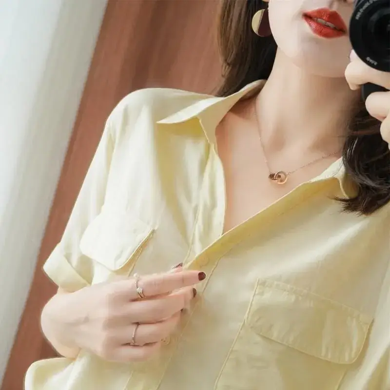 Women Korean Style Short Sleeve Yellow Shirt with Double Flap Pocket - Image 6