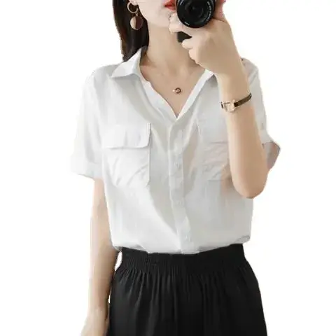 Women Korean Style Short Sleeve Yellow Shirt with Double Flap Pocket - Image 7