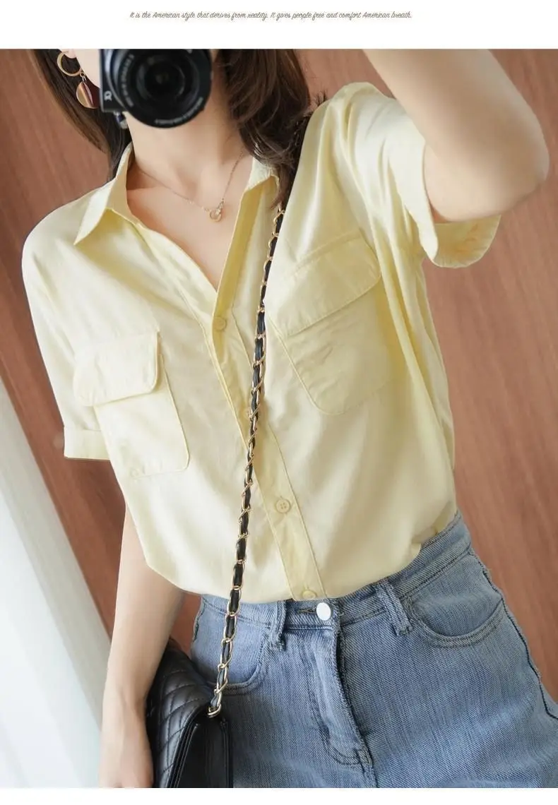 Women Korean Style Short Sleeve Yellow Shirt with Double Flap Pocket — feature 1