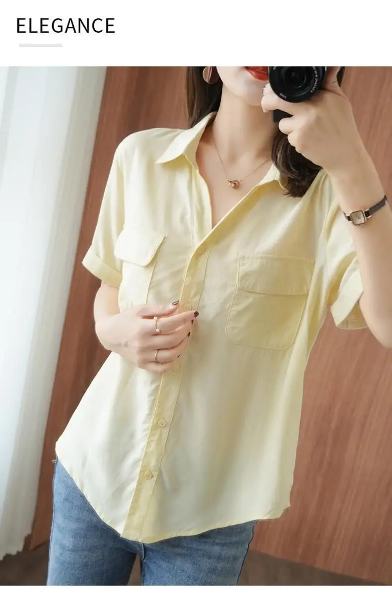 Women Korean Style Short Sleeve Yellow Shirt with Double Flap Pocket — feature 2