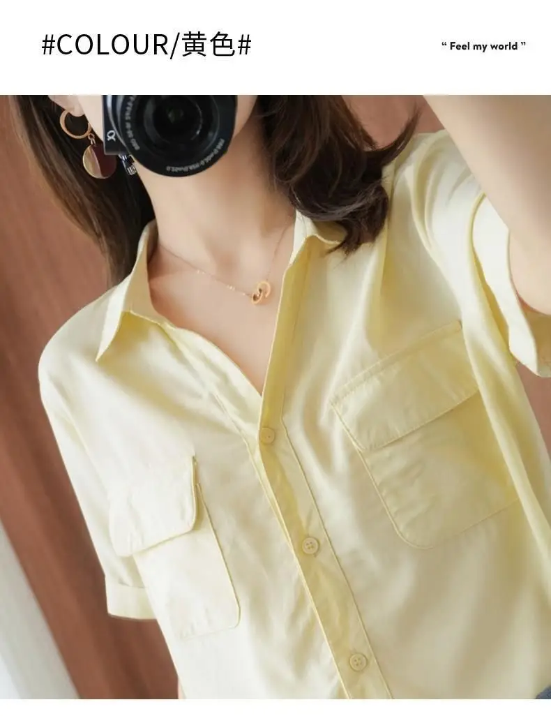Women Korean Style Short Sleeve Yellow Shirt with Double Flap Pocket — feature 4