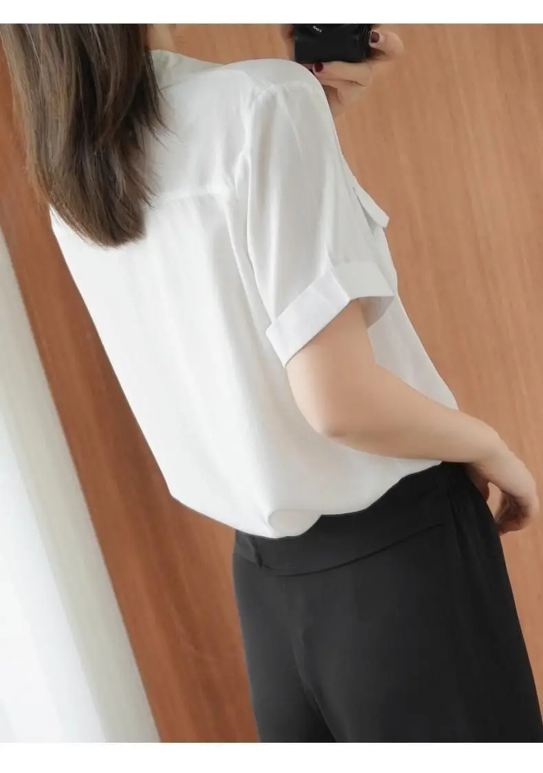 Women Korean Style Short Sleeve Yellow Shirt with Double Flap Pocket — feature 5