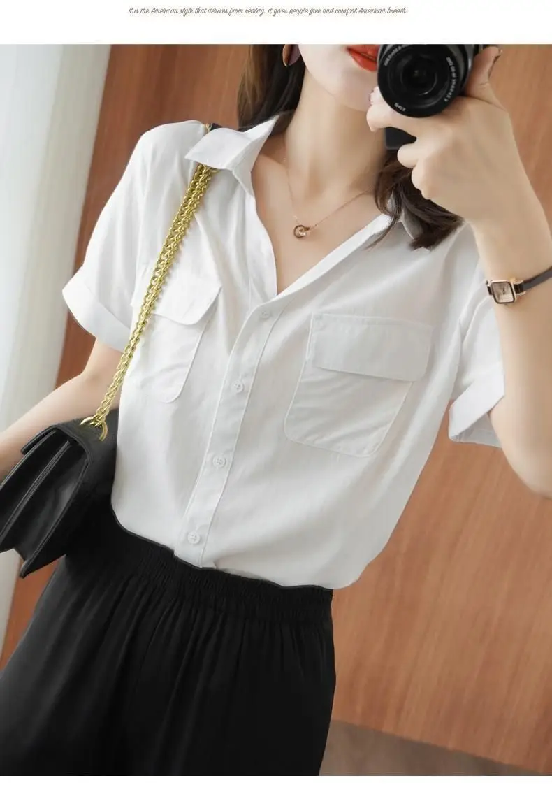 Women Korean Style Short Sleeve Yellow Shirt with Double Flap Pocket — feature 6