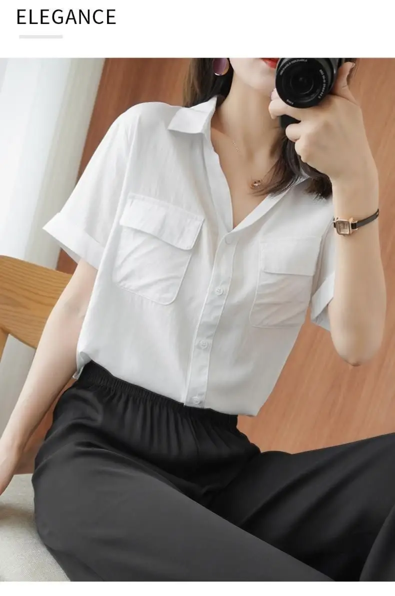 Women Korean Style Short Sleeve Yellow Shirt with Double Flap Pocket — feature 7