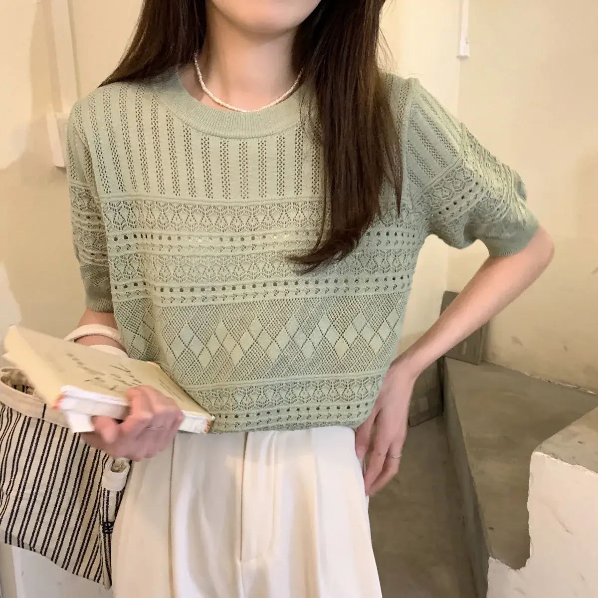 Women's Green Hollow Crochet T-Shirt Summer Wear - Image 7