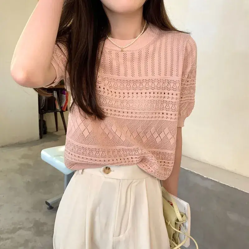Women's Green Hollow Crochet T-Shirt Summer Wear - Image 8