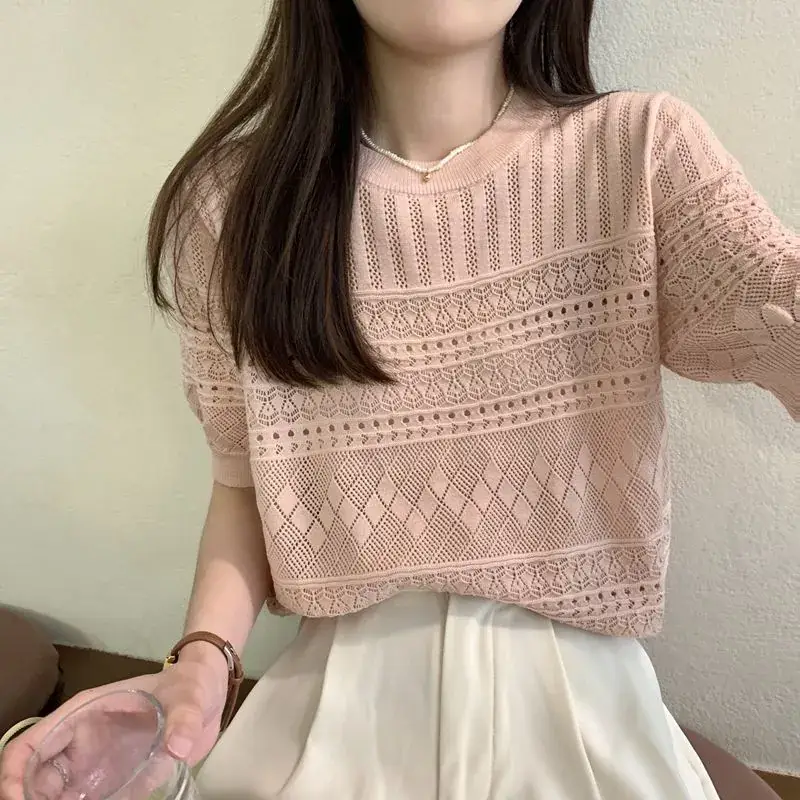 Women's Green Hollow Crochet T-Shirt Summer Wear - Image 9