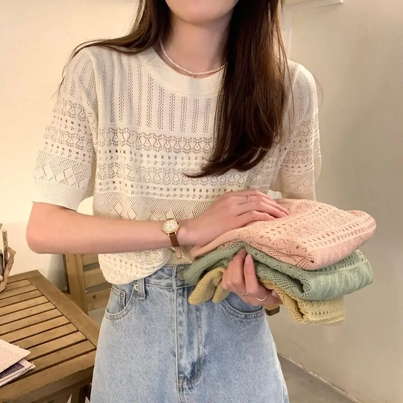 Women's Green Hollow Crochet T-Shirt Summer Wear — feature 10