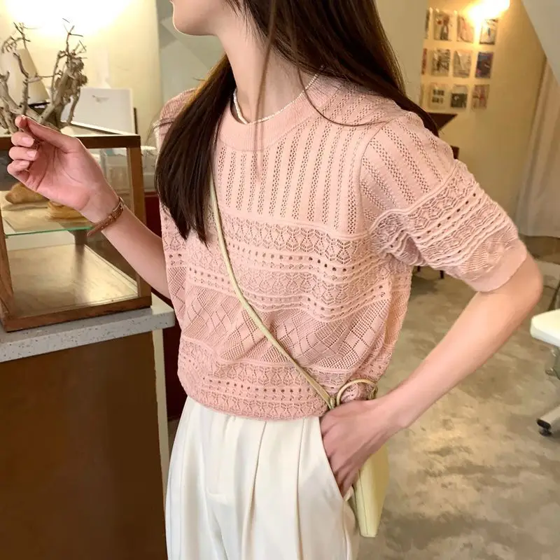 Women's Green Hollow Crochet T-Shirt Summer Wear — feature 11