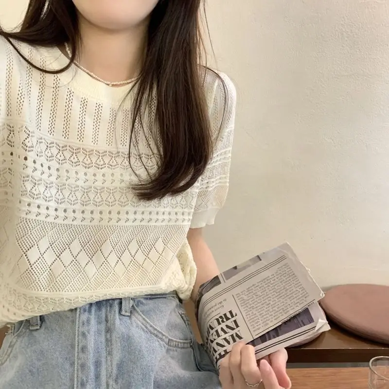 Women's Green Hollow Crochet T-Shirt Summer Wear — feature 12