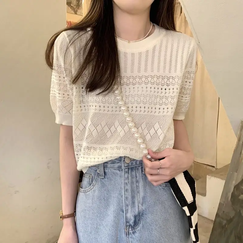 Women's Green Hollow Crochet T-Shirt Summer Wear — feature 13
