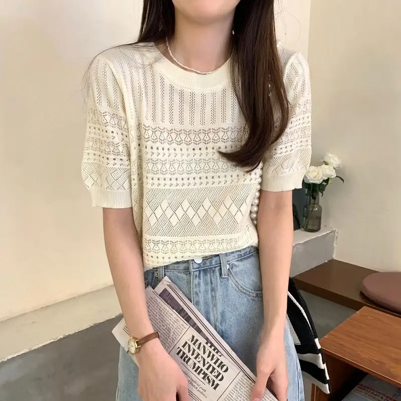 Women's Green Hollow Crochet T-Shirt Summer Wear — feature 14