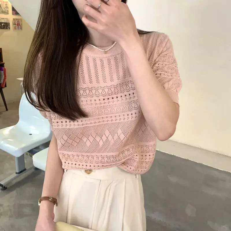 Women's Green Hollow Crochet T-Shirt Summer Wear — feature 15