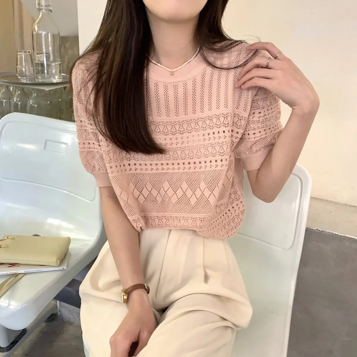 Women's Green Hollow Crochet T-Shirt Summer Wear — feature 17