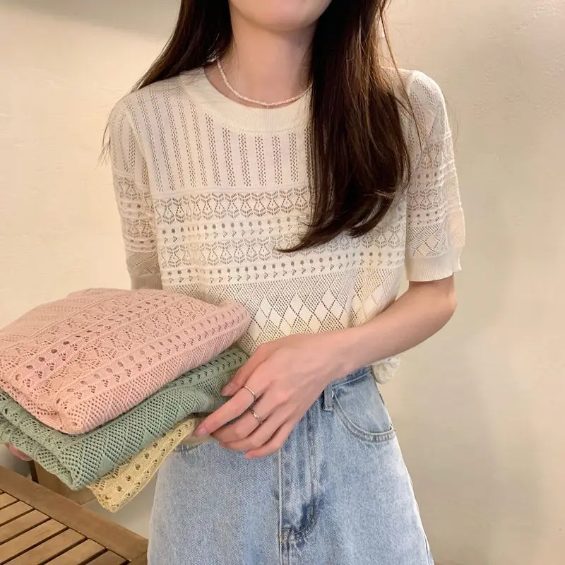 Women's Green Hollow Crochet T-Shirt Summer Wear — feature 18