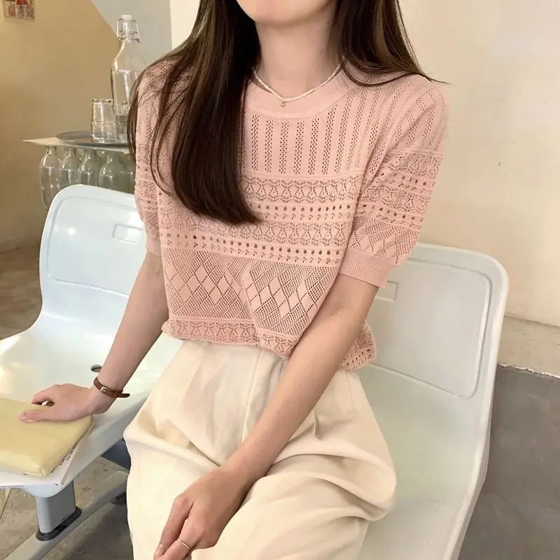Women's Green Hollow Crochet T-Shirt Summer Wear — feature 19