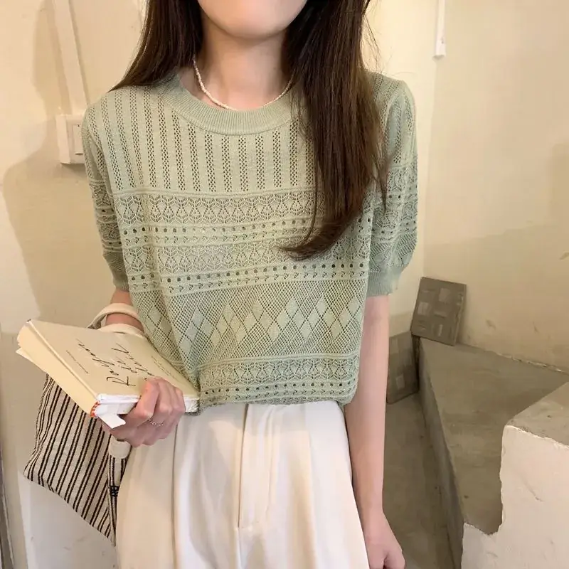 Women's Green Hollow Crochet T-Shirt Summer Wear - Image 6