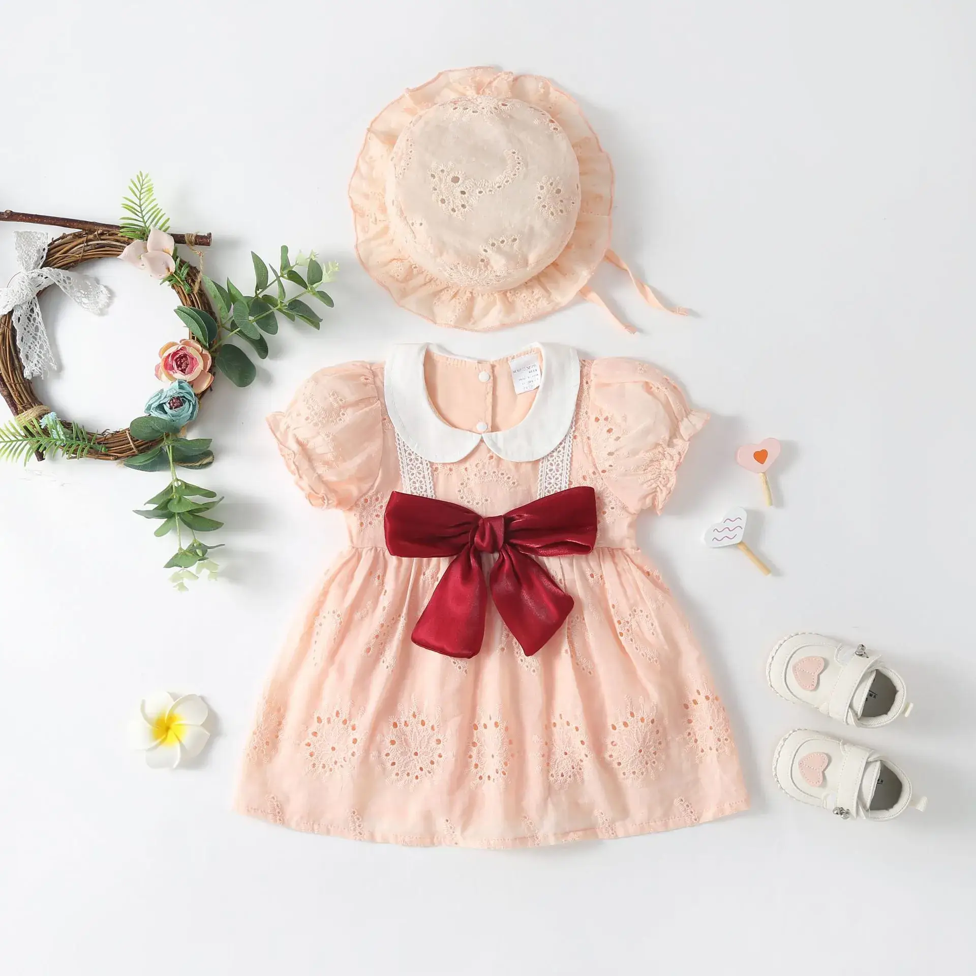 Baby's Peach Sunflower Dress with Bow & Hat Set - Image 2