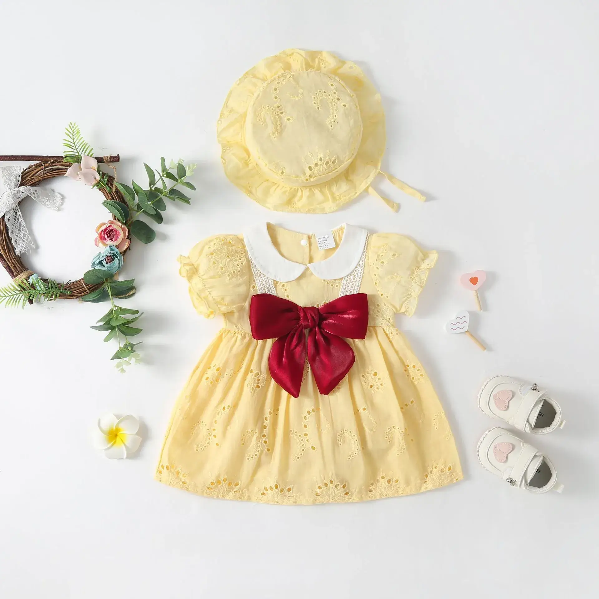 Baby's Peach Sunflower Dress with Bow & Hat Set - Image 3