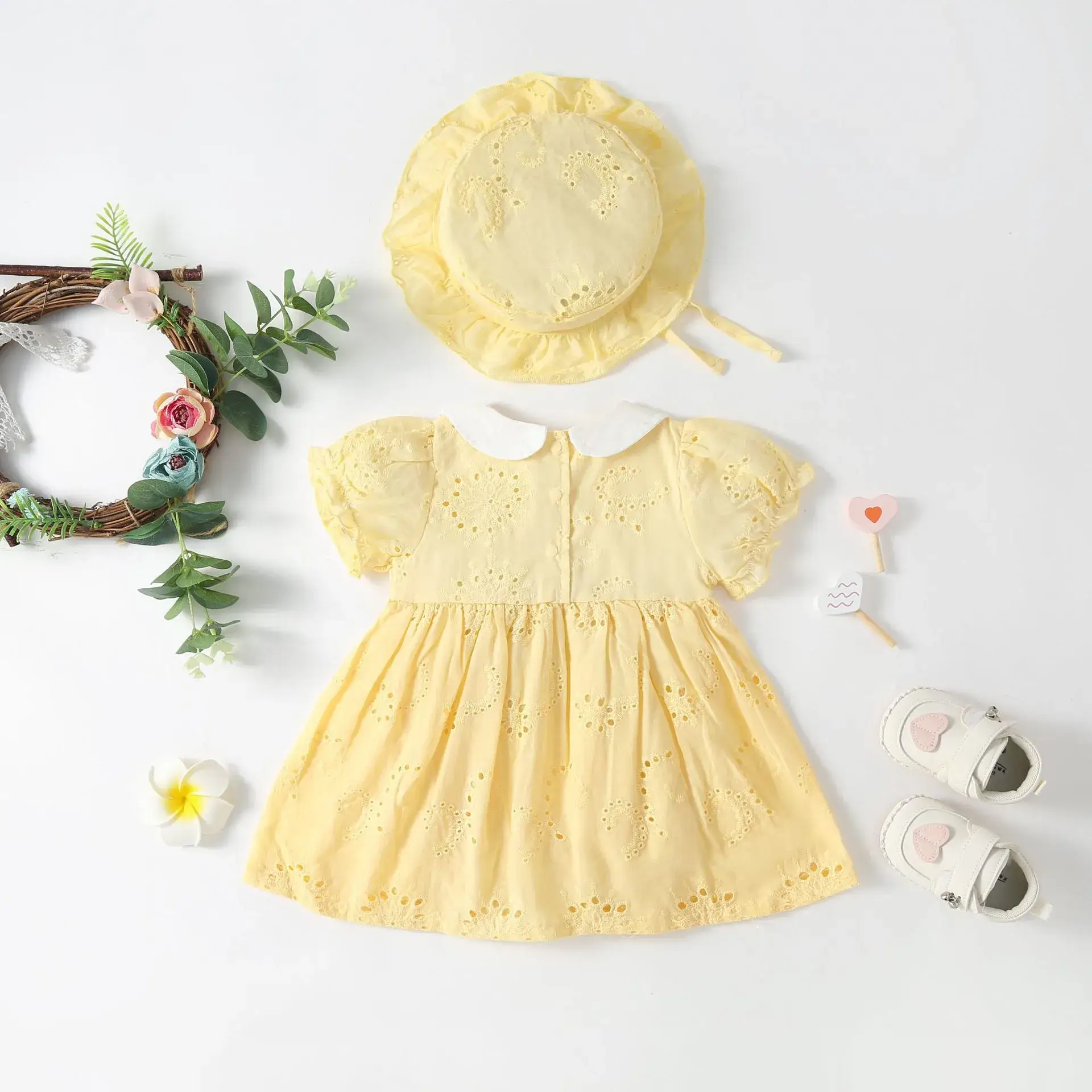 Baby's Peach Sunflower Dress with Bow & Hat Set - Image 4