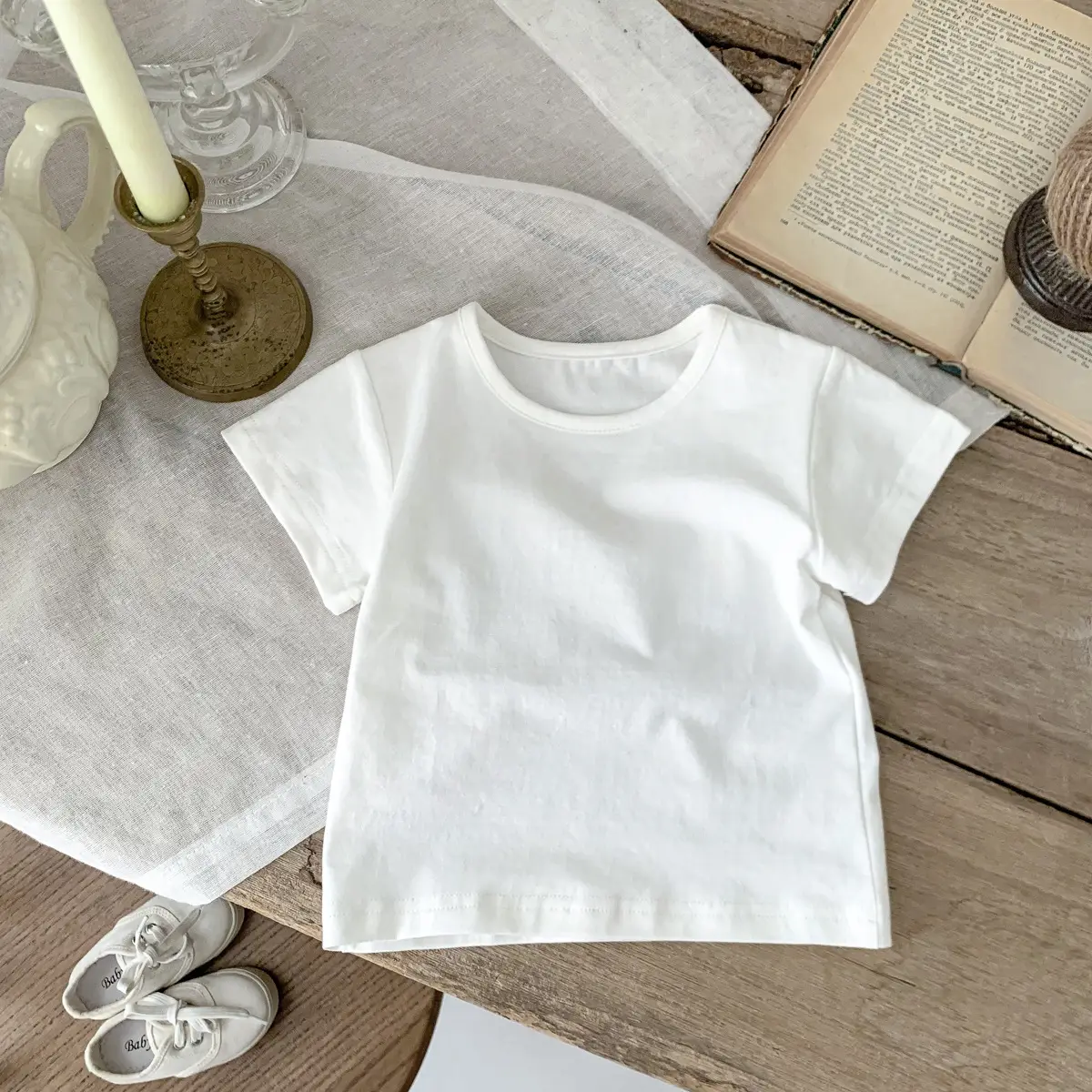 Children's White Short Sleeve T-Shirt Round Neck — feature 5