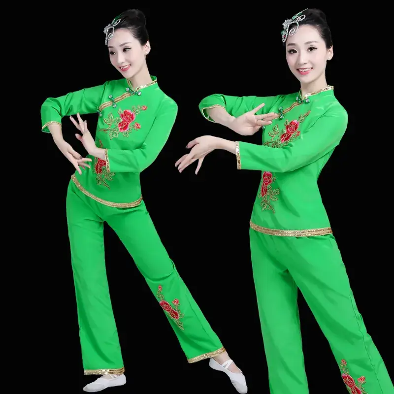 Green Square Dance Costumes 2023 Set Fan Waist Drum - Image 2