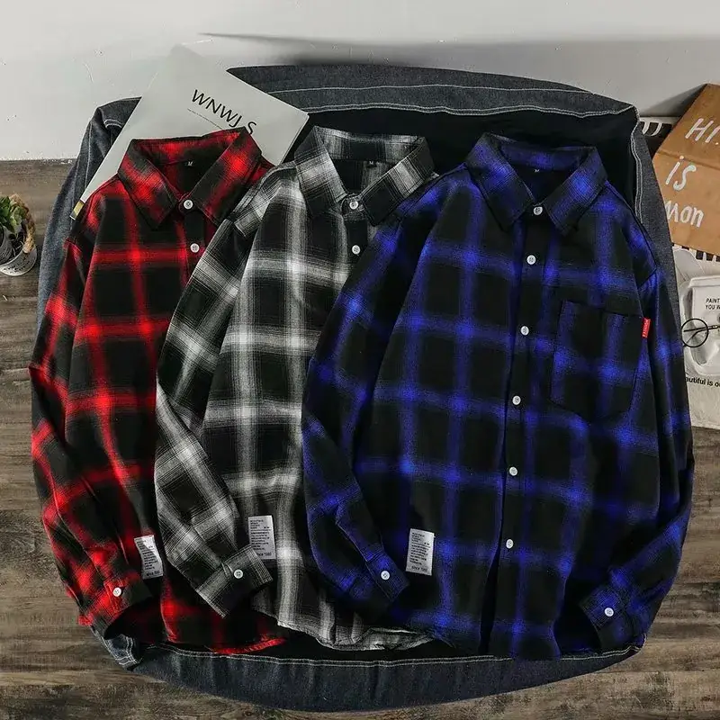 Men Red Plaid Button Shirt Yellow Black Blue