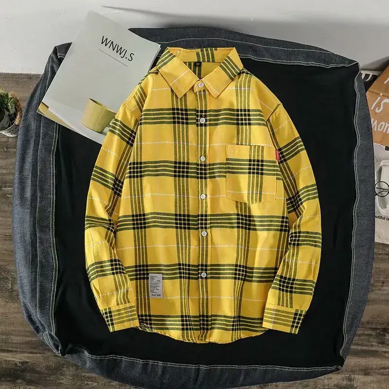 Men Red Plaid Button Shirt Yellow Black Blue