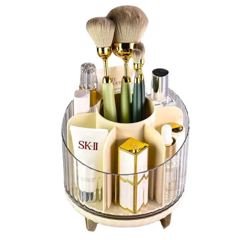 360 Degree Makeup Brush Storage Holder with Lipstick & Pencil Compartment