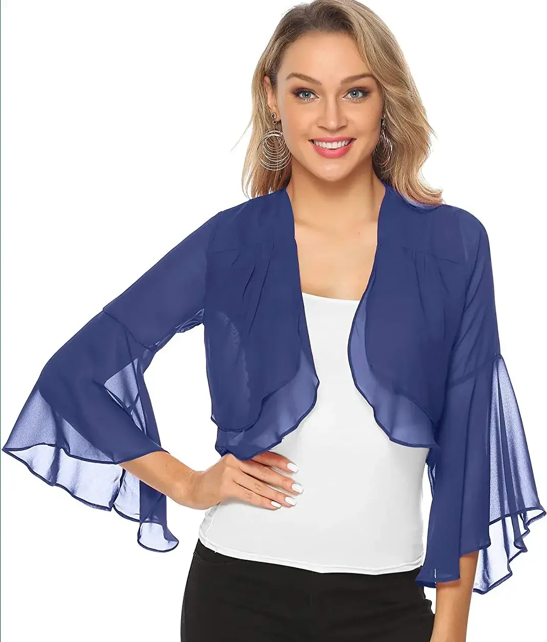 Blue Ruffled Cardigan with Ruffled Sleeves for Women - Image 4