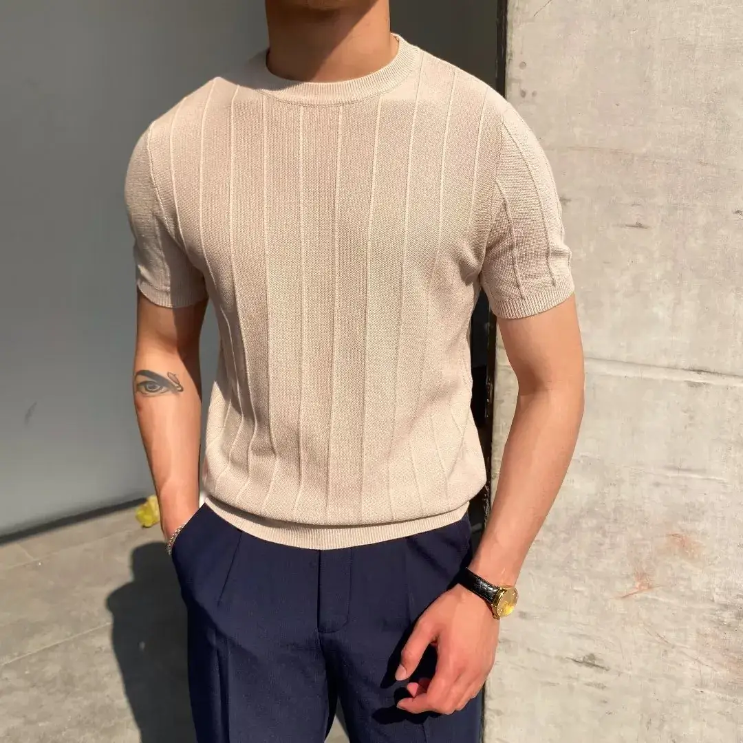 Men Knitted Straight Sleeve Pullover Summer Wear Beige