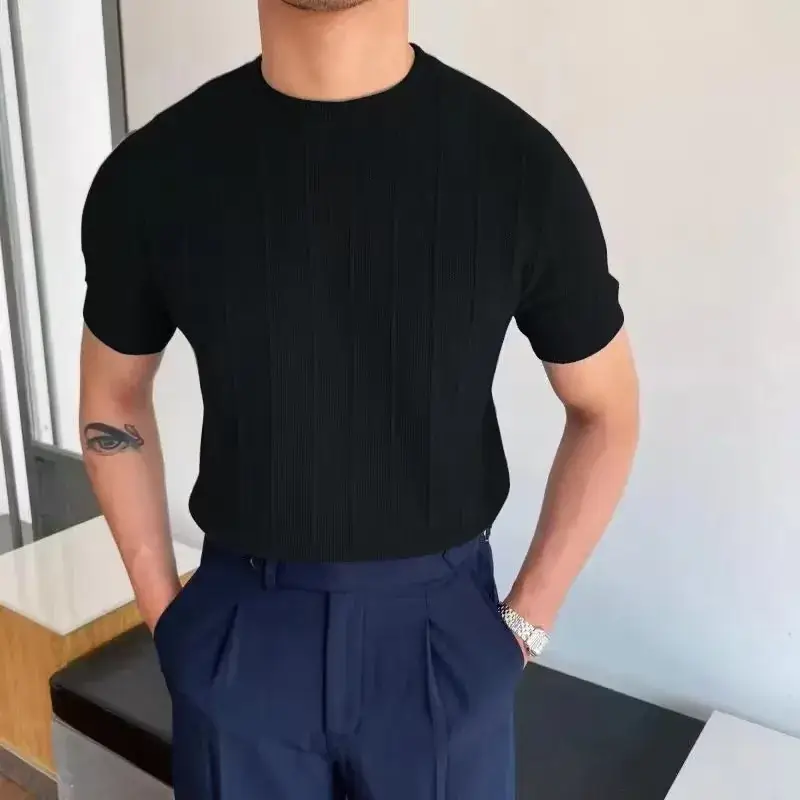 Men Knitted Straight Sleeve Pullover Summer Wear Beige