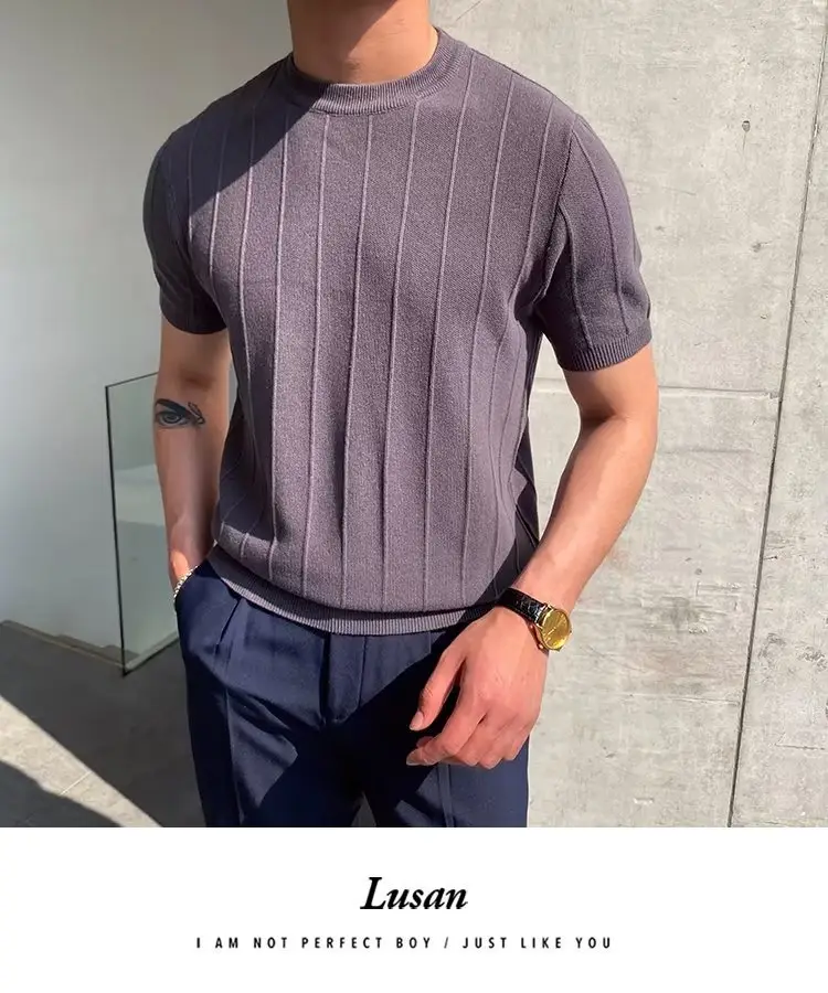 Men Knitted Straight Sleeve Pullover Summer Wear Beige — feature 1