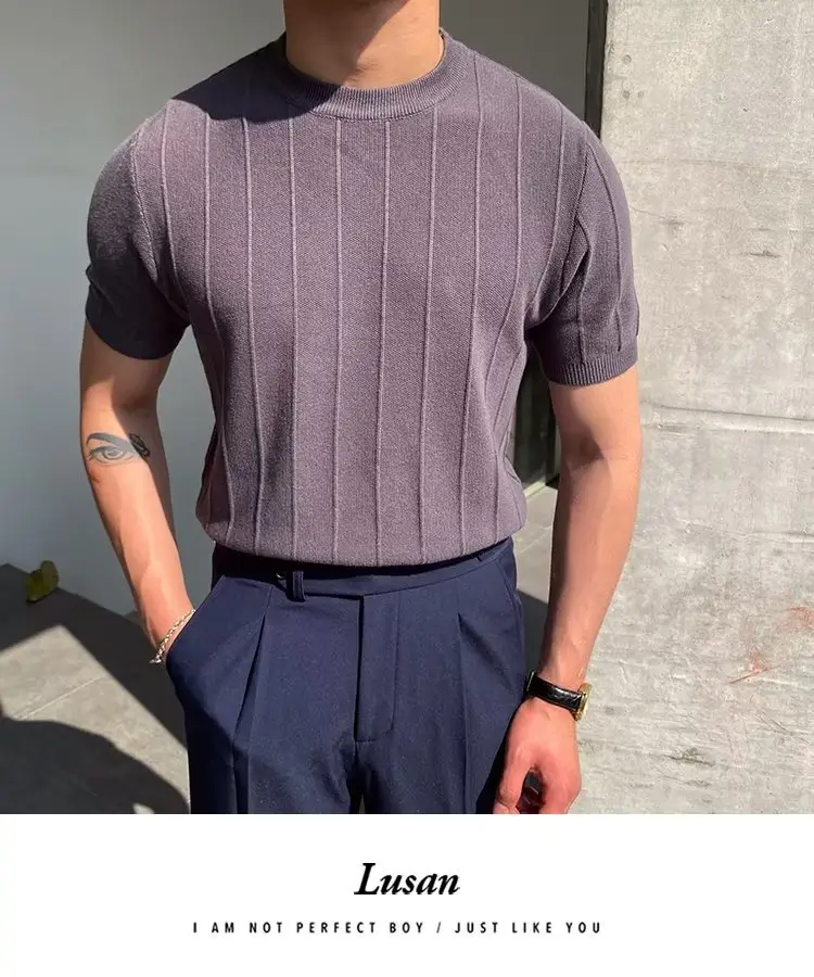 Men Knitted Straight Sleeve Pullover Summer Wear Beige — feature 3
