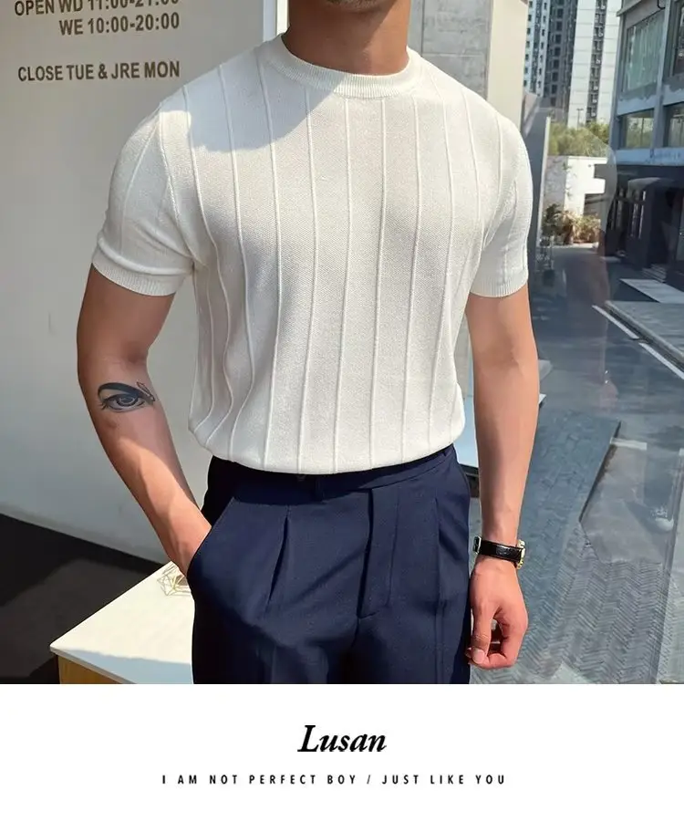 Men Knitted Straight Sleeve Pullover Summer Wear Beige — feature 5
