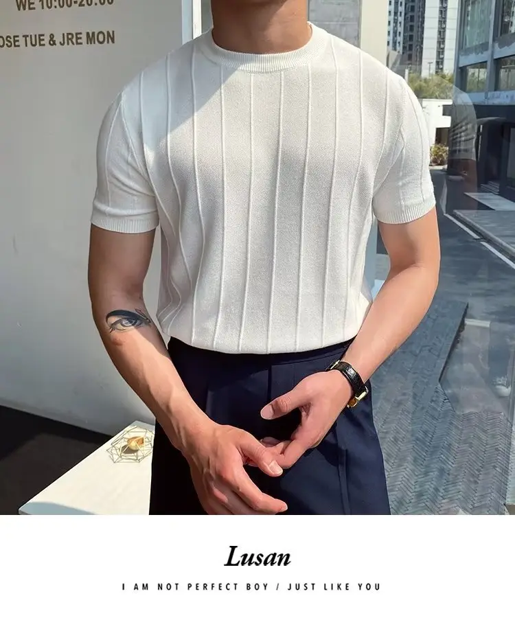 Men Knitted Straight Sleeve Pullover Summer Wear Beige — feature 6