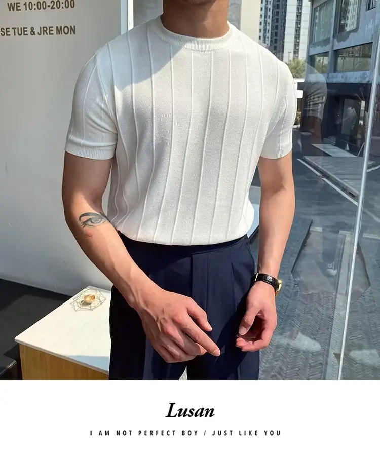 Men Knitted Straight Sleeve Pullover Summer Wear Beige — feature 7