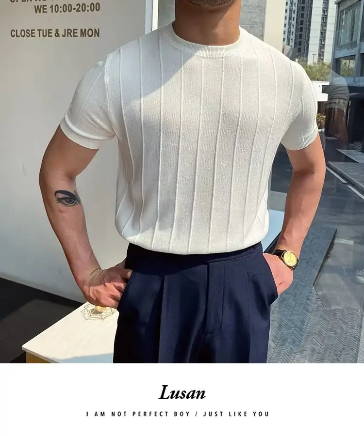 Men Knitted Straight Sleeve Pullover Summer Wear Beige — feature 9