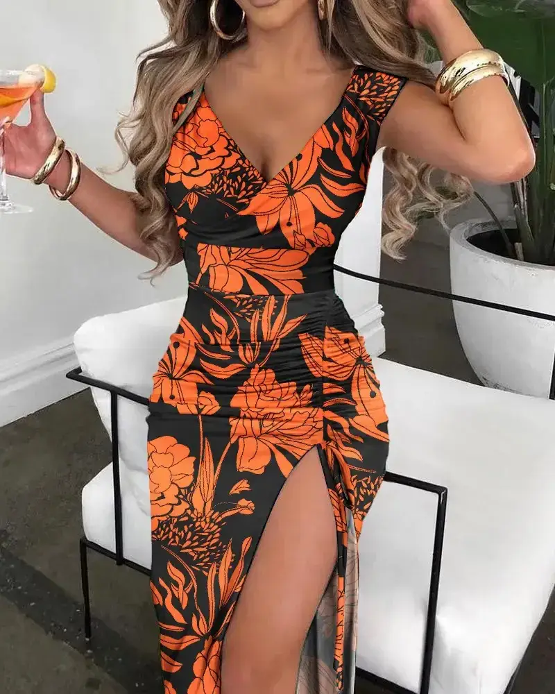 Orange Floral High-Slip V-Back Dress for Women - Image 8