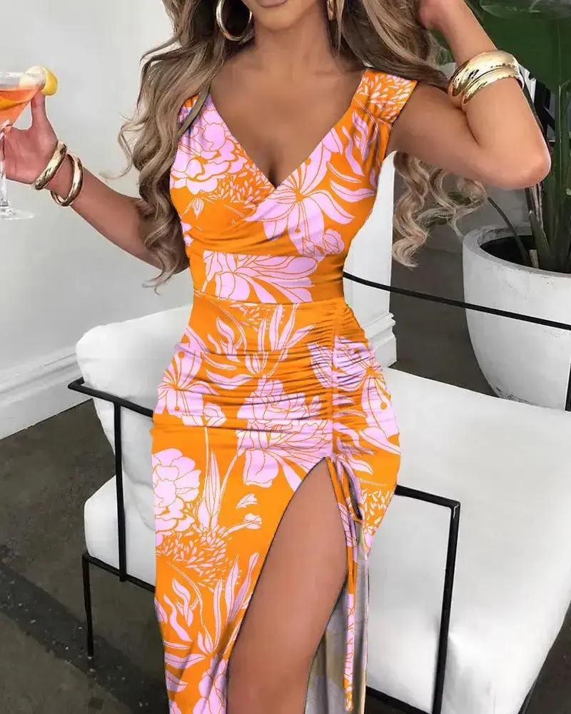 Orange Floral High-Slip V-Back Dress for Women - Image 2