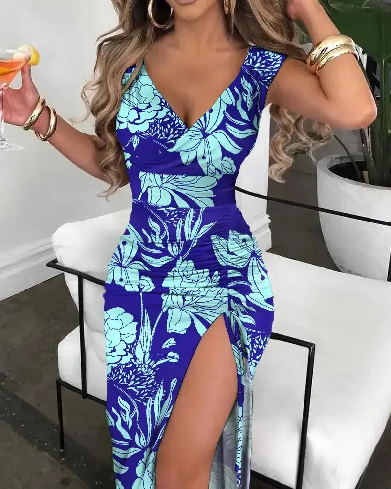 Orange Floral High-Slip V-Back Dress for Women - Image 3