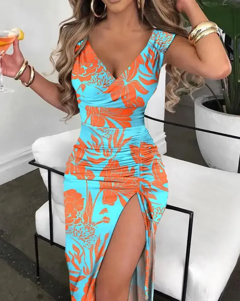 Orange Floral High-Slip V-Back Dress for Women - Image 4