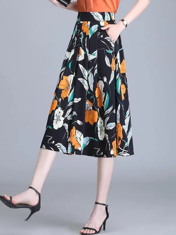 Women Floral Chiffon Skirt Mid Length 2023 - Image 8