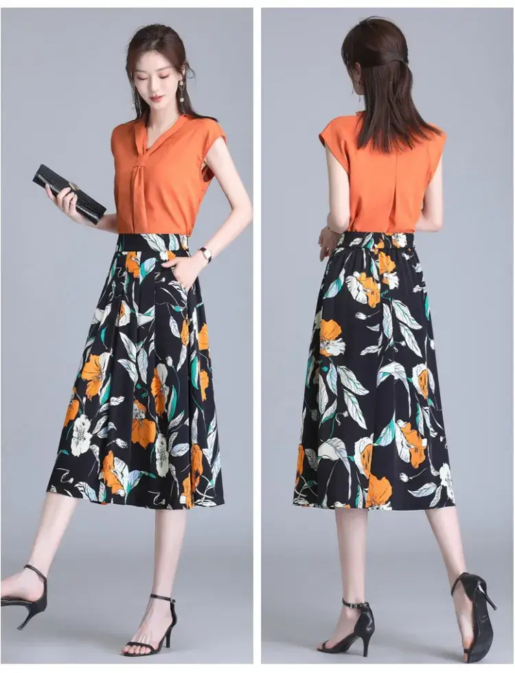 Women Floral Chiffon Skirt Mid Length 2023 — feature 22