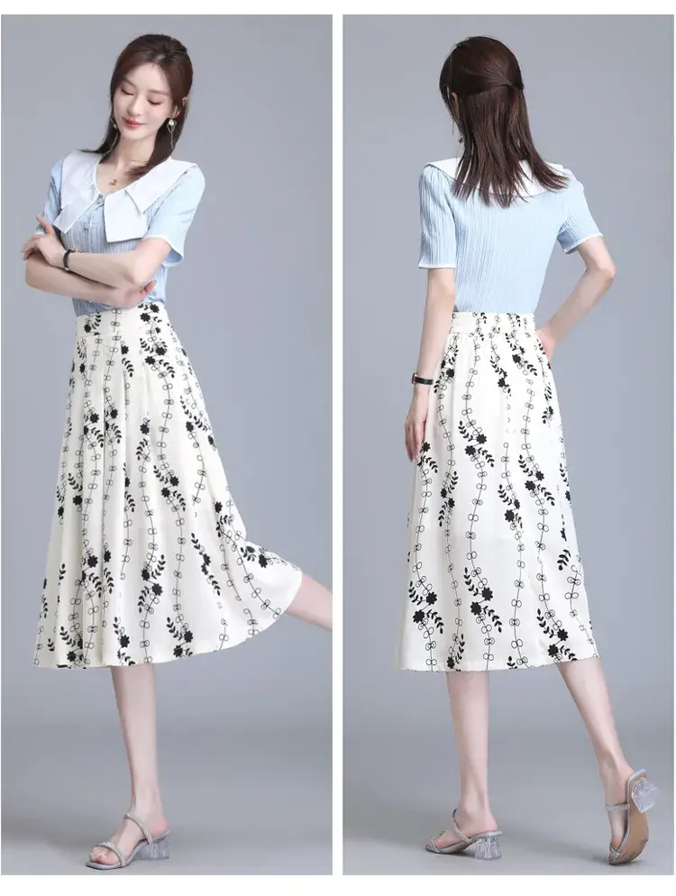 Women Floral Chiffon Skirt Mid Length 2023 — feature 31