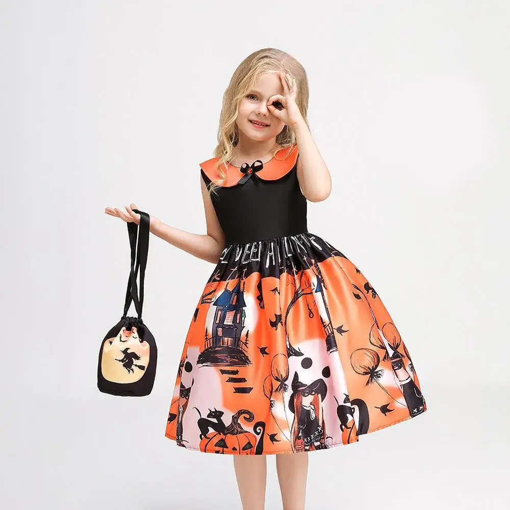 Halloween Girls' Orange Printed Tulle Skirt Dress with Bow & Hat - Image 11