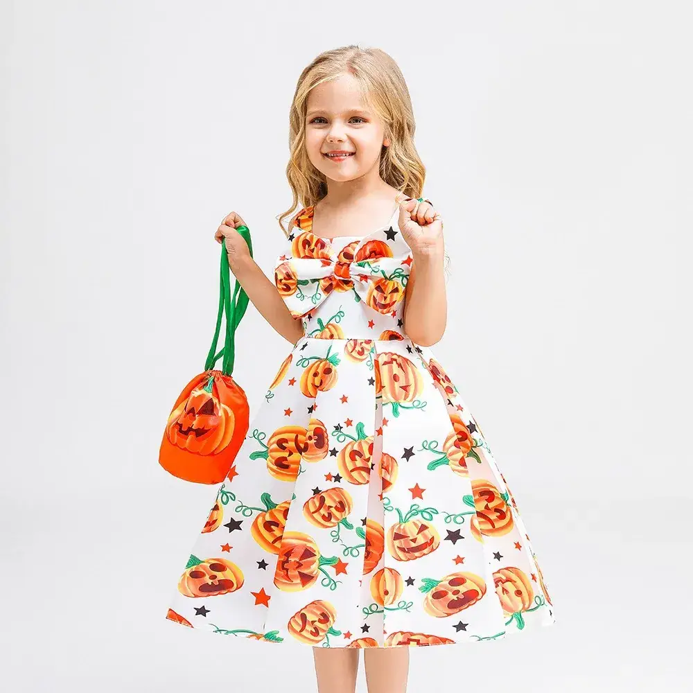 Halloween Girls' Orange Printed Tulle Skirt Dress with Bow & Hat - Image 13