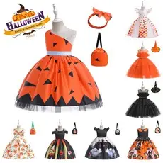 Halloween Girls' Orange Printed Tulle Skirt Dress with Bow & Hat — feature 1