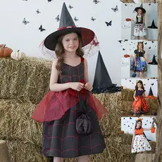 Halloween Girls' Orange Printed Tulle Skirt Dress with Bow & Hat — feature 4