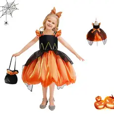 Halloween Girls' Orange Printed Tulle Skirt Dress with Bow & Hat — feature 6